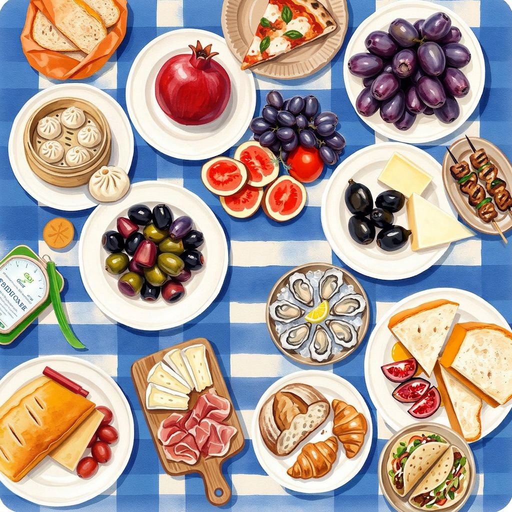 Painted market table with pizza, dumplings, tacos, cheese, charcuterie and pastries